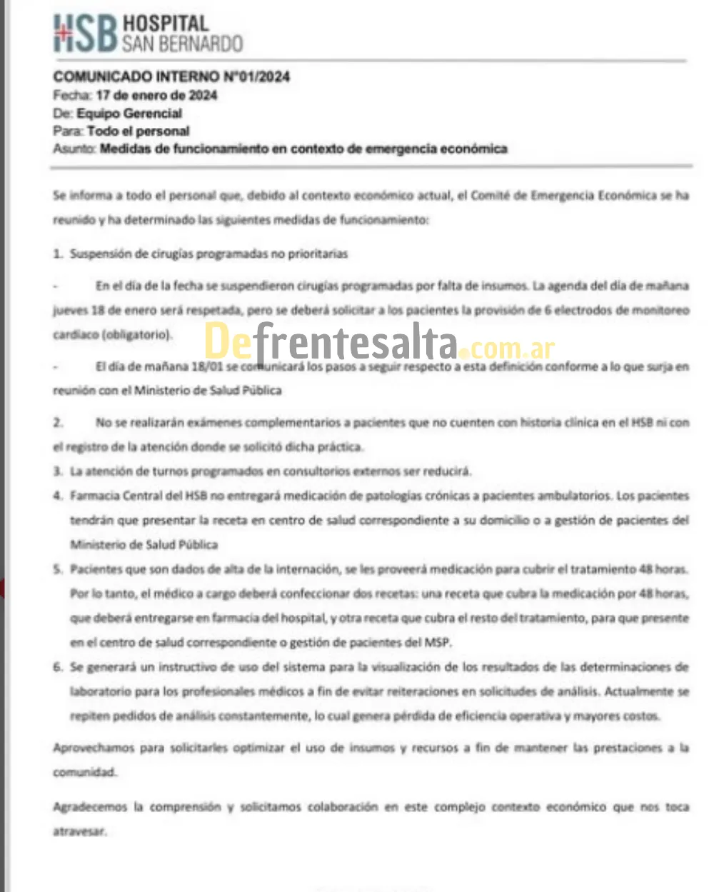 Comunicado Hospital San Bernardo