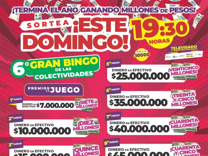 Bingo de las Colectividades. Sortea el domingo 16 de noviembre,