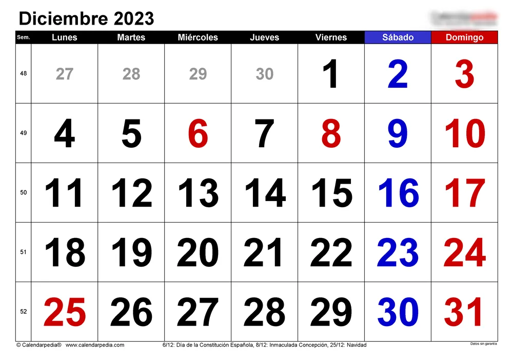 Calendario diciembre 2023